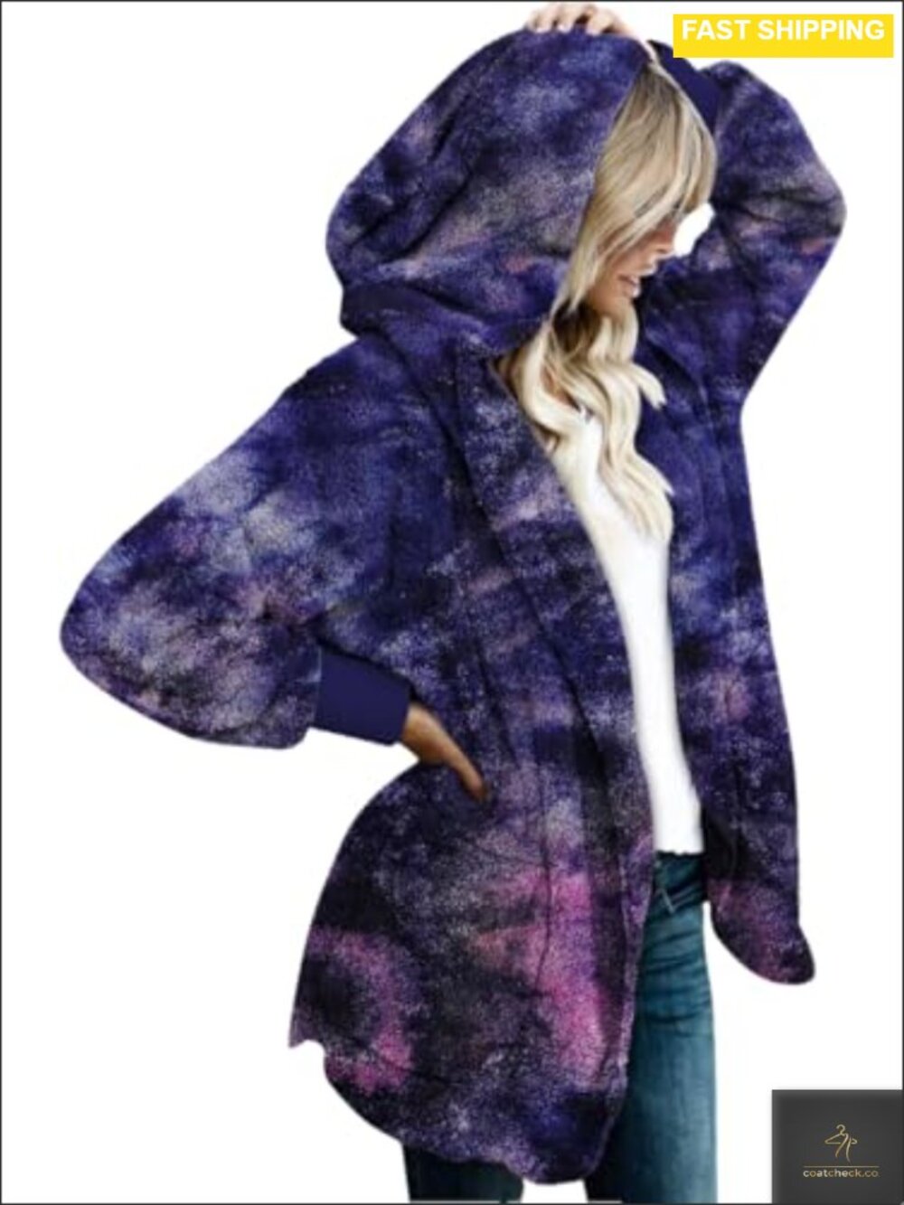 Women's Fuzzy Fleece Hooded Cardigan Open Front Sherpa Coat with Pockets